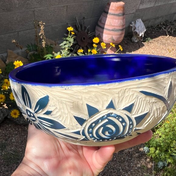 Blue and White Carved Floral Pottery Bowl Handmade - Picture 4 of 8